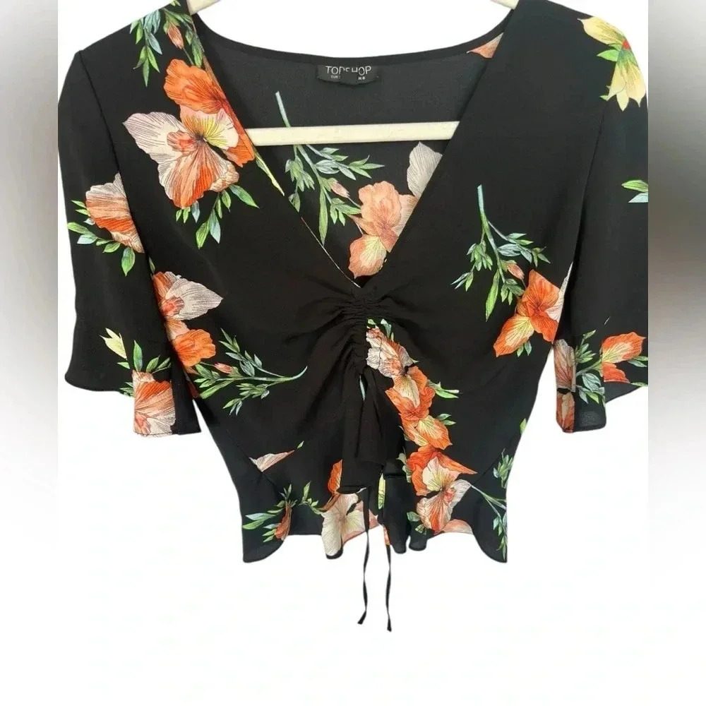 TOPSHOP black floral ruched 3/4 flowy sleeve blouse women’s top size 4